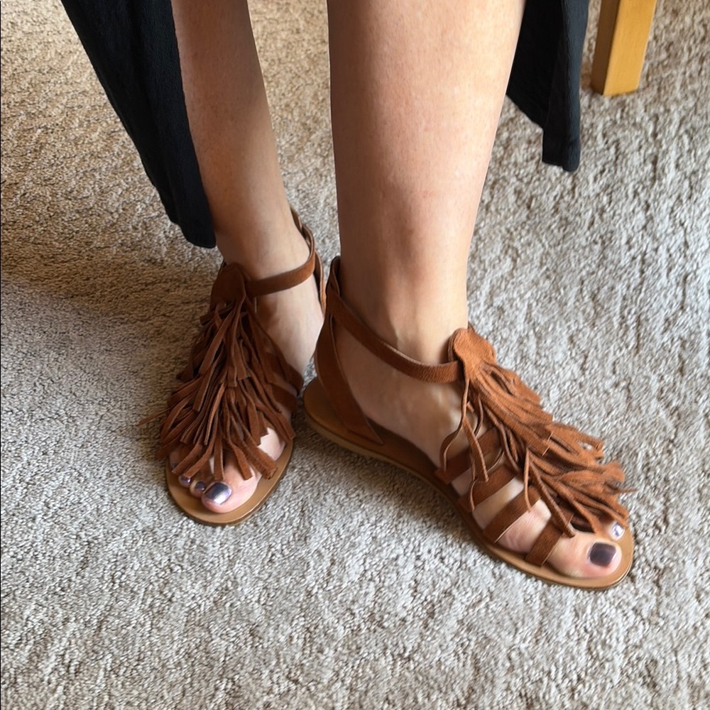 Women’s Tan Fringe Suede Leather Ankle-Strap Sandals